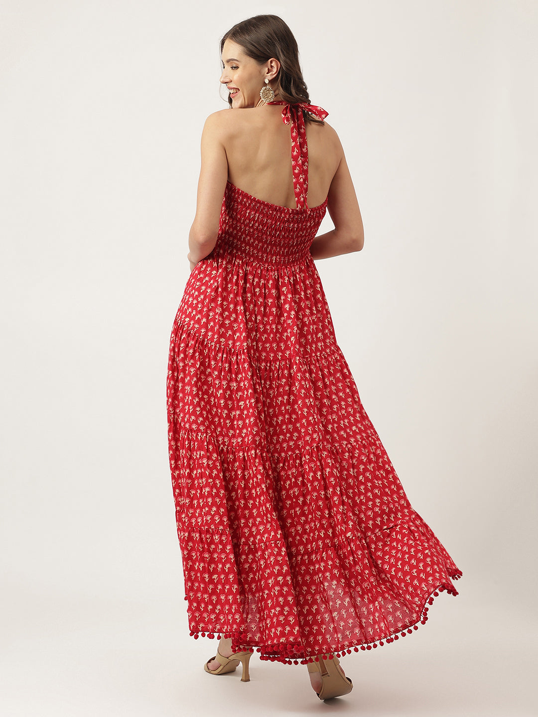 Red Floral Printed Cotton Ethnic Tiered Party Wear Dress