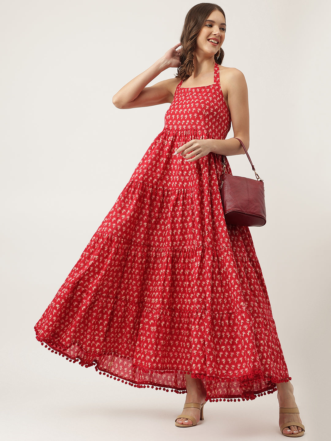 Red Floral Printed Cotton Ethnic Tiered Party Wear Dress