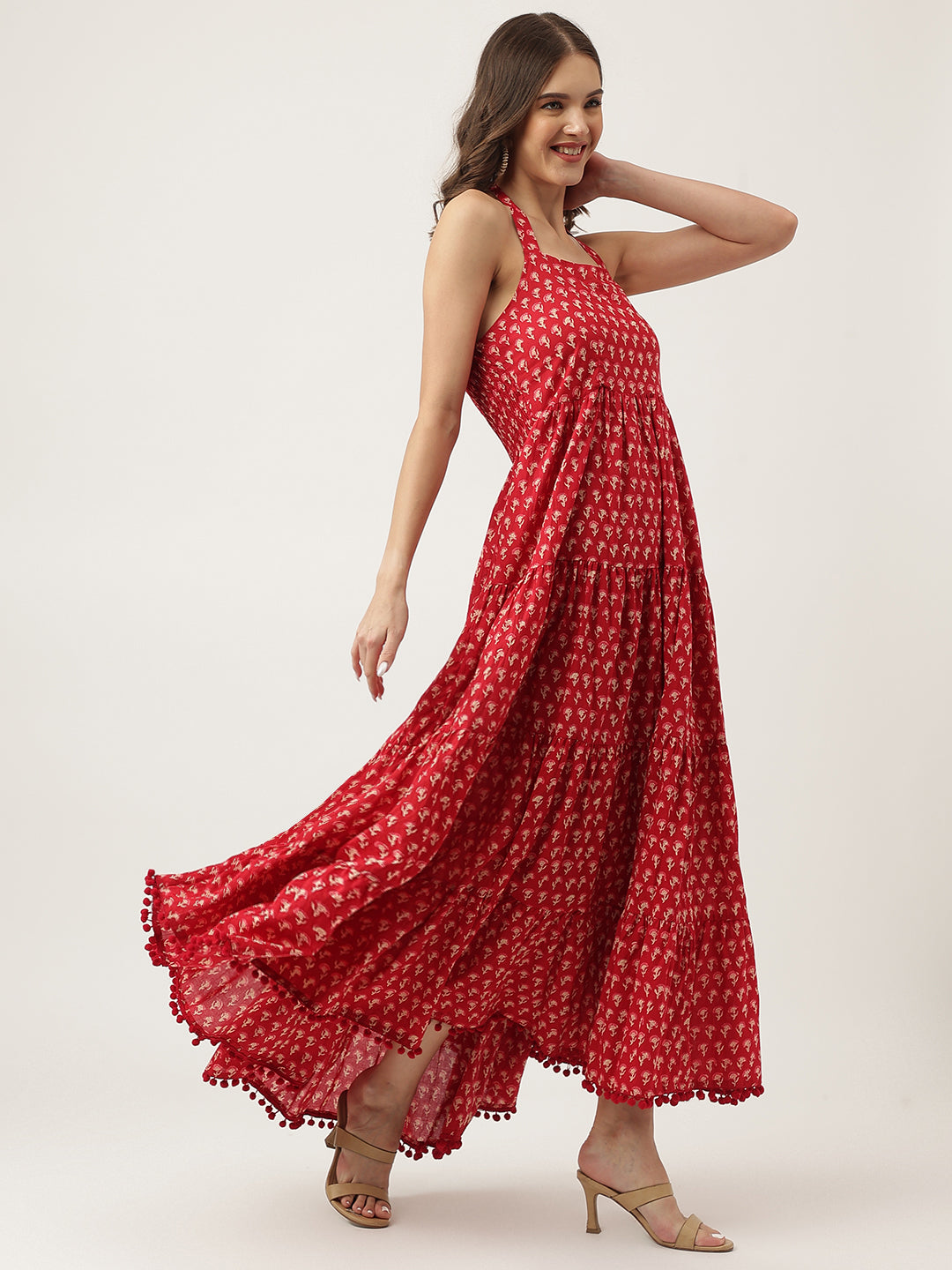 Red Floral Printed Cotton Ethnic Tiered Party Wear Dress