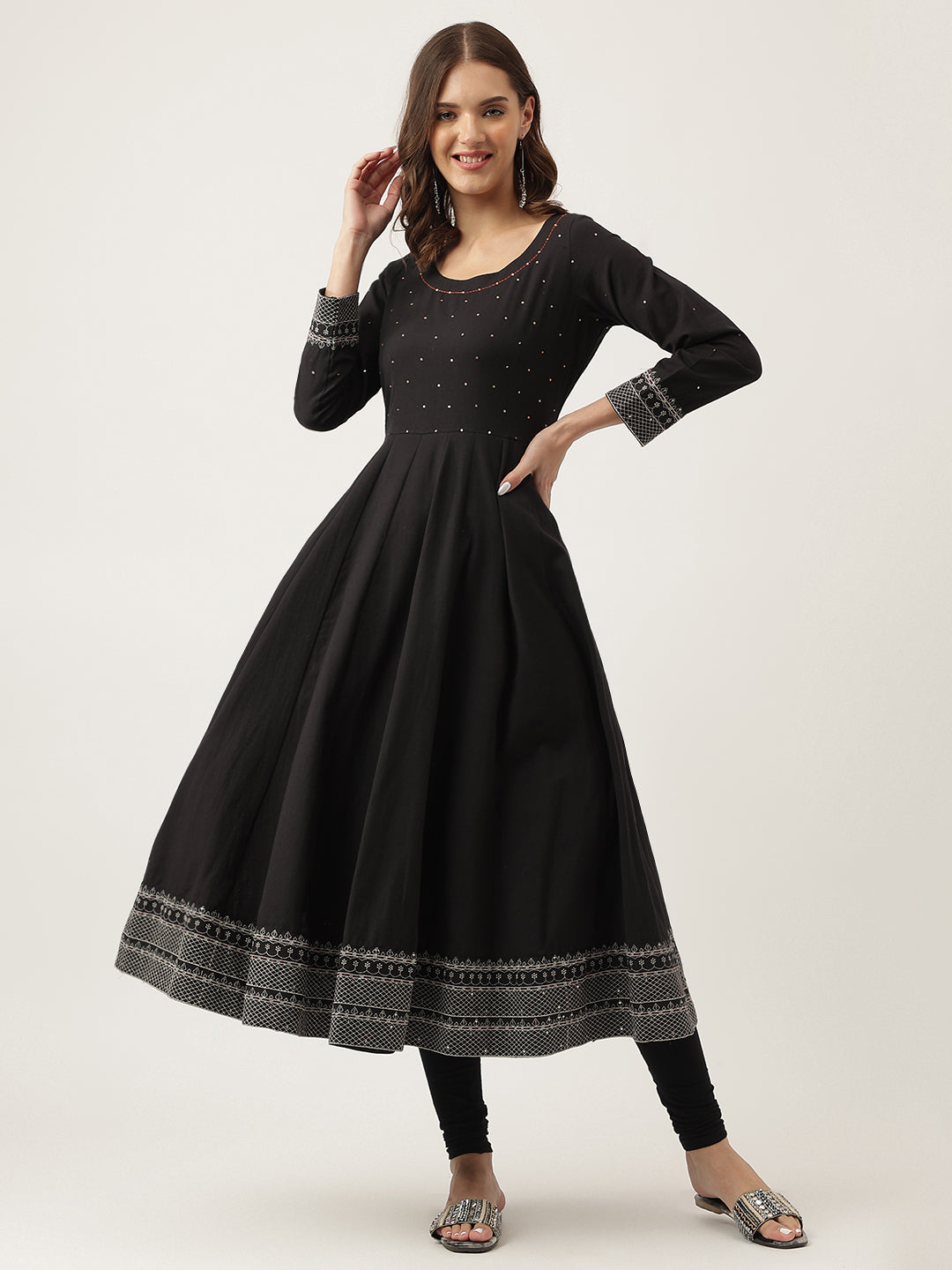 Ethnic Black Embroidered Cotton Anarkali Kurta