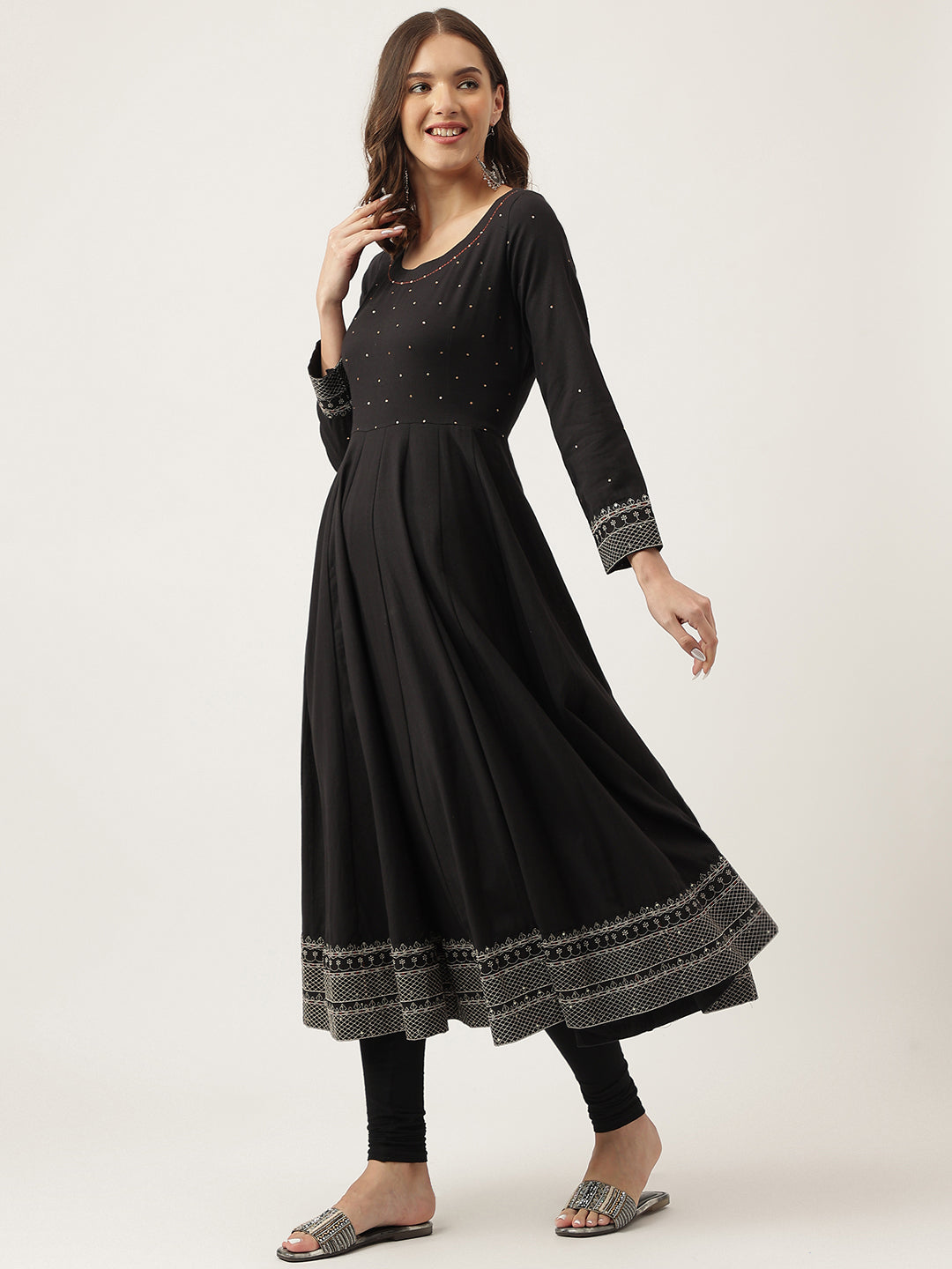 Ethnic Black Embroidered Cotton Anarkali Kurta
