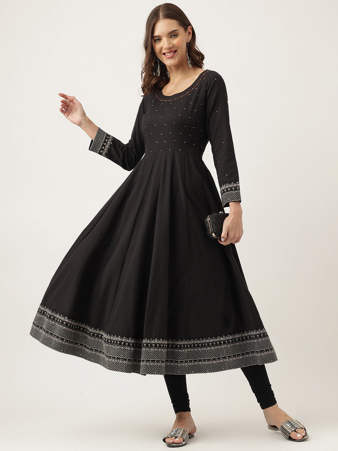 Ethnic Black Embroidered Cotton Anarkali Kurta