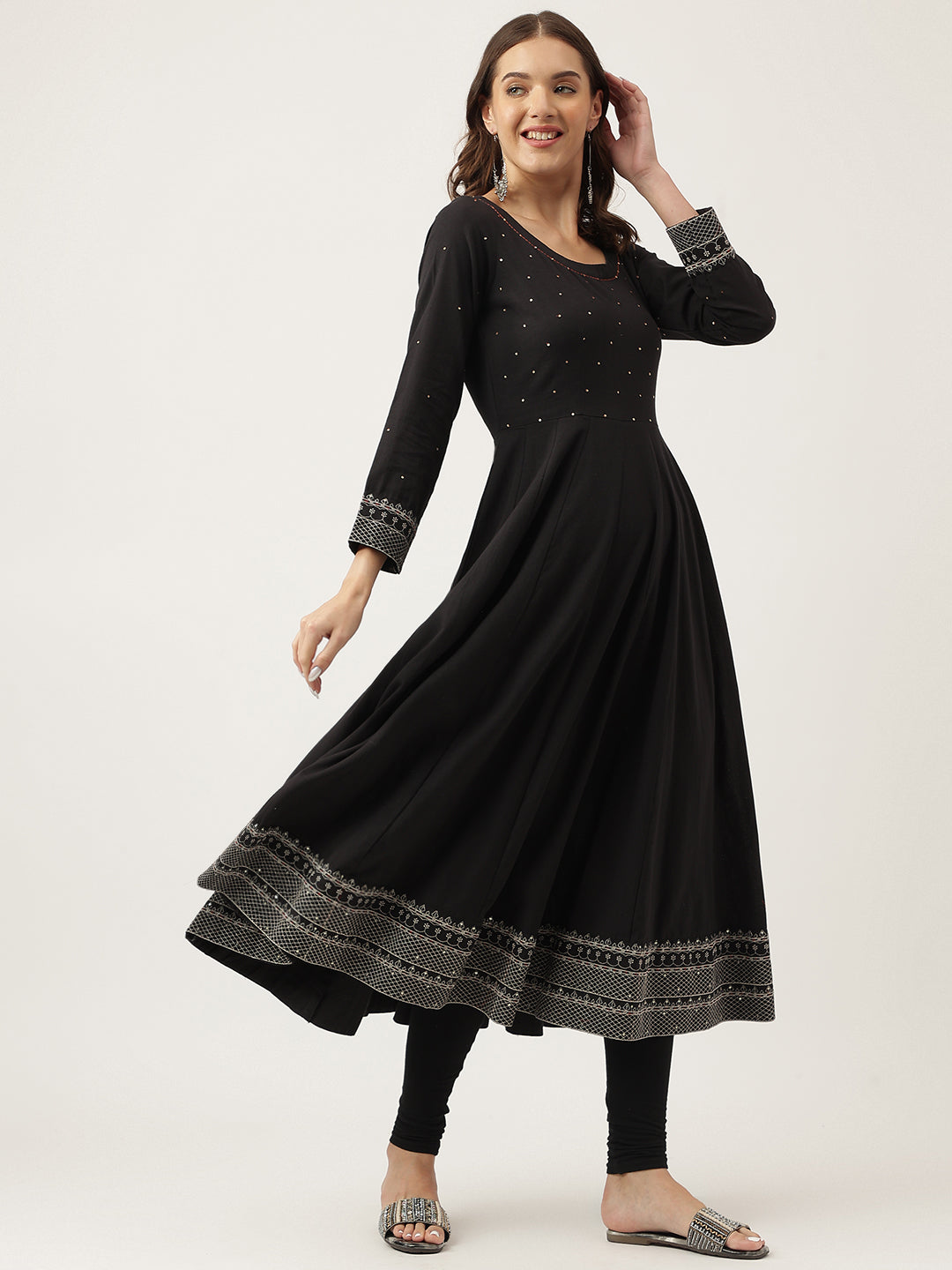 Ethnic Black Embroidered Cotton Anarkali Kurta