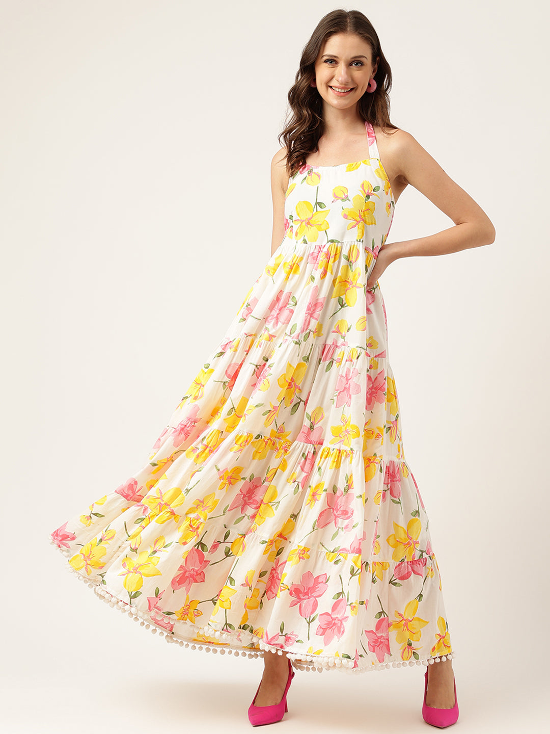 Floral Printed Halter Neck Cotton Casual Maxi Party Wear Dress