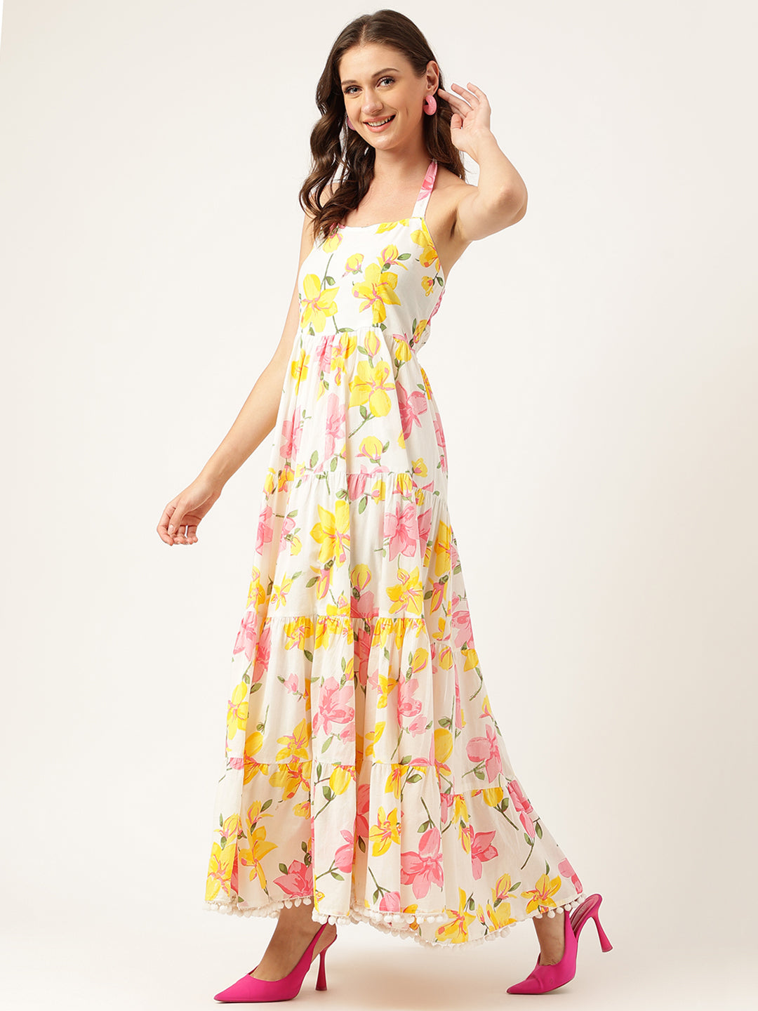 Floral Printed Halter Neck Cotton Casual Maxi Party Wear Dress