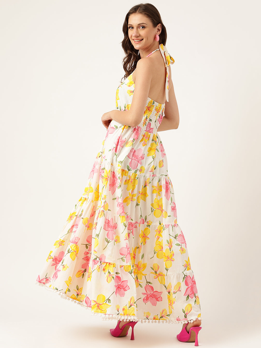 Floral Printed Halter Neck Cotton Casual Maxi Party Wear Dress