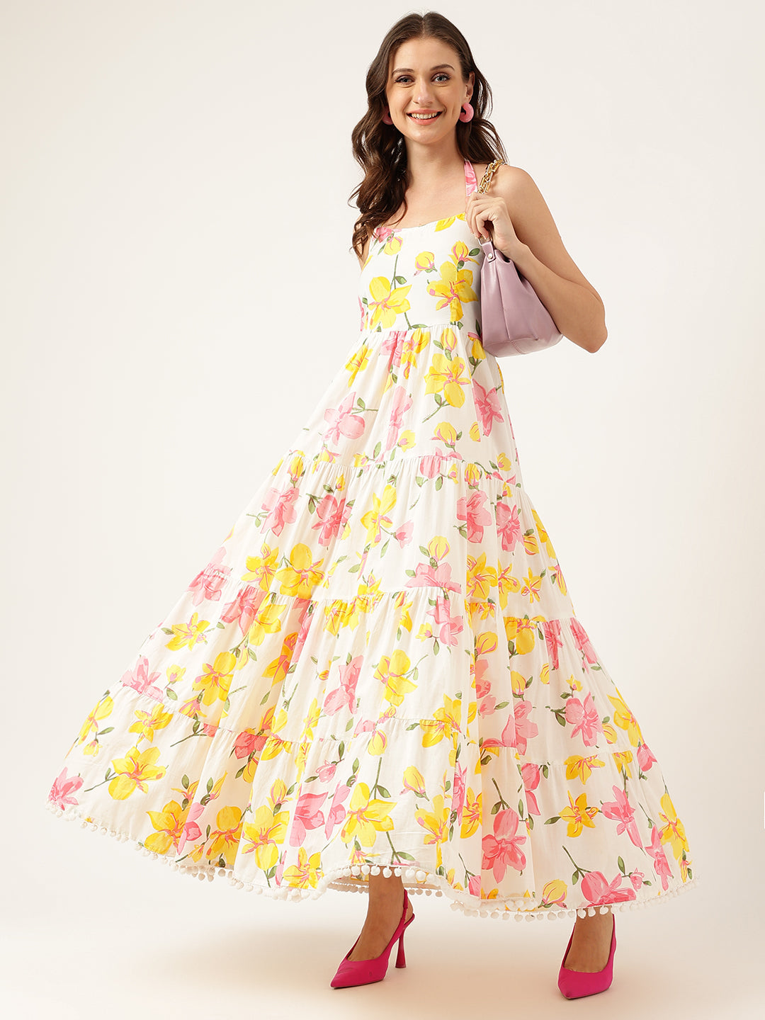 Floral Printed Halter Neck Cotton Casual Maxi Party Wear Dress