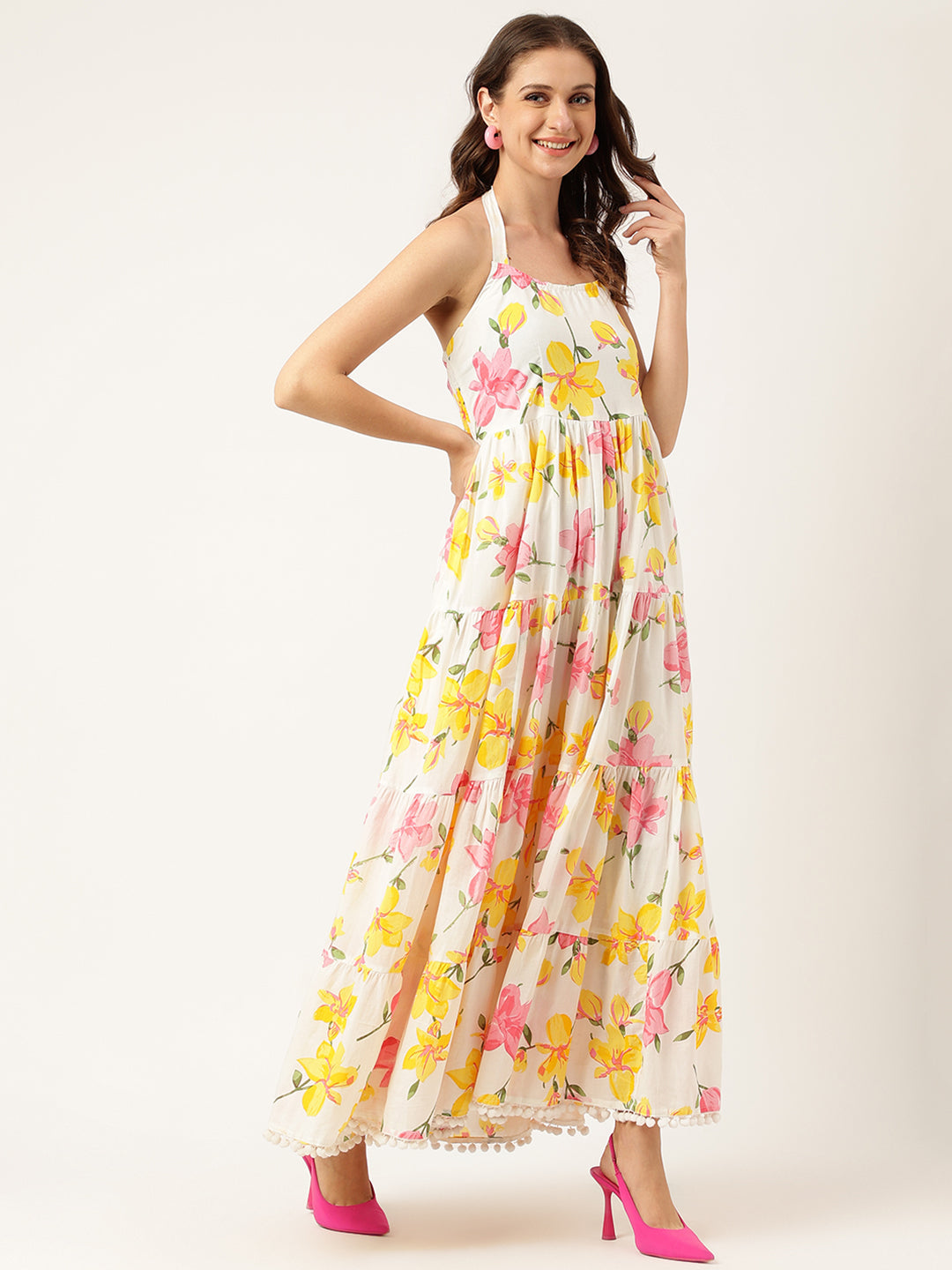 Floral Printed Halter Neck Cotton Casual Maxi Party Wear Dress