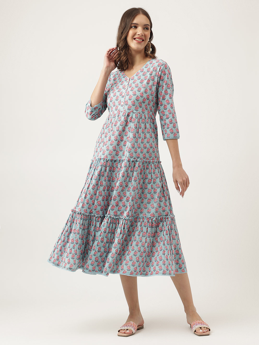 Party Wear Sky Blue Floral Printed Cotton Tiered Dress