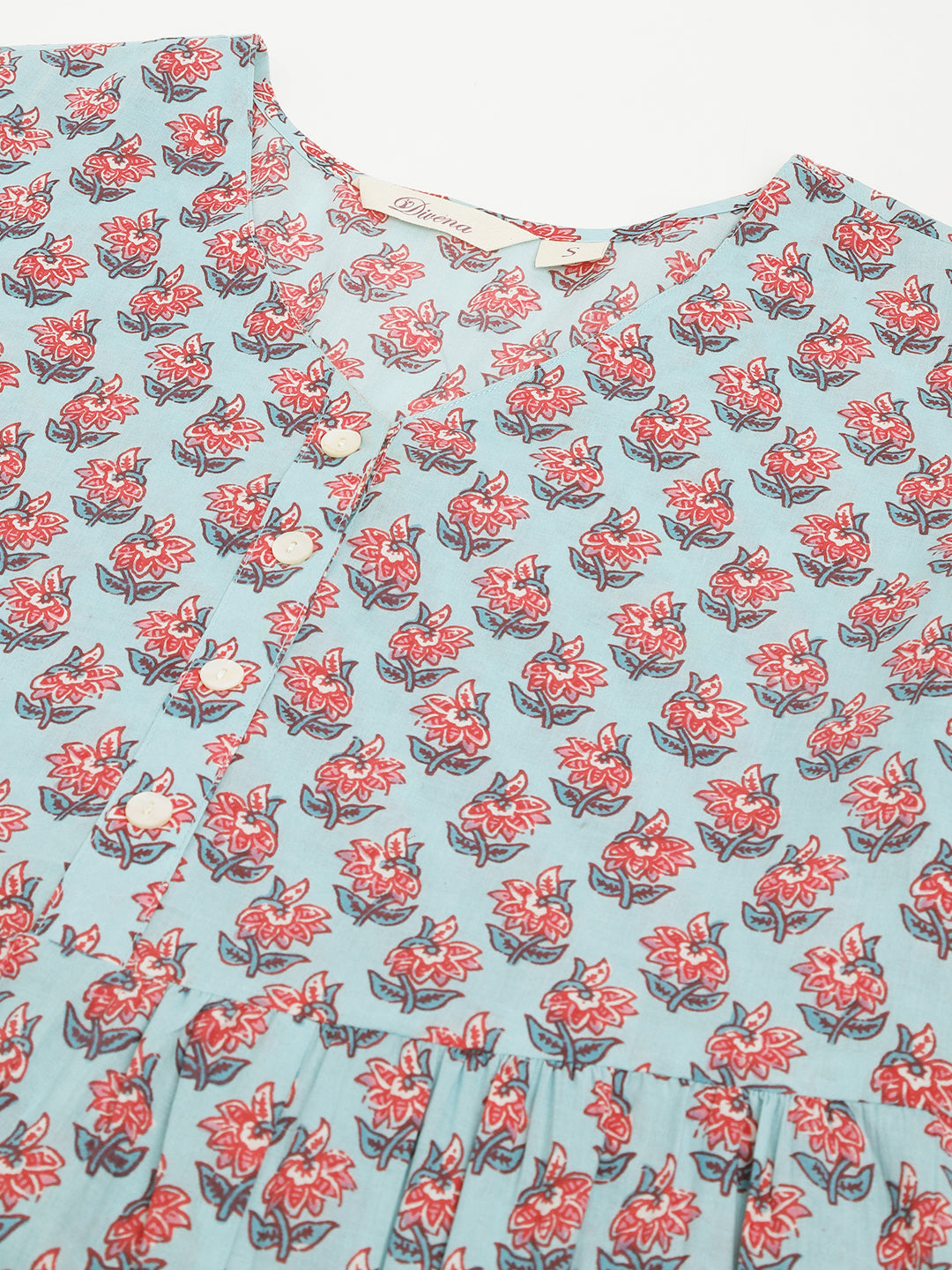 Party Wear Sky Blue Floral Printed Cotton Tiered Dress