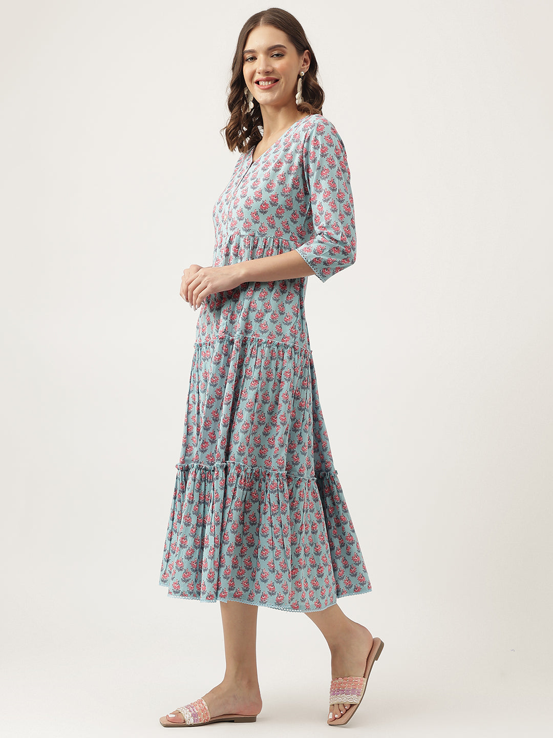 Party Wear Sky Blue Floral Printed Cotton Tiered Dress