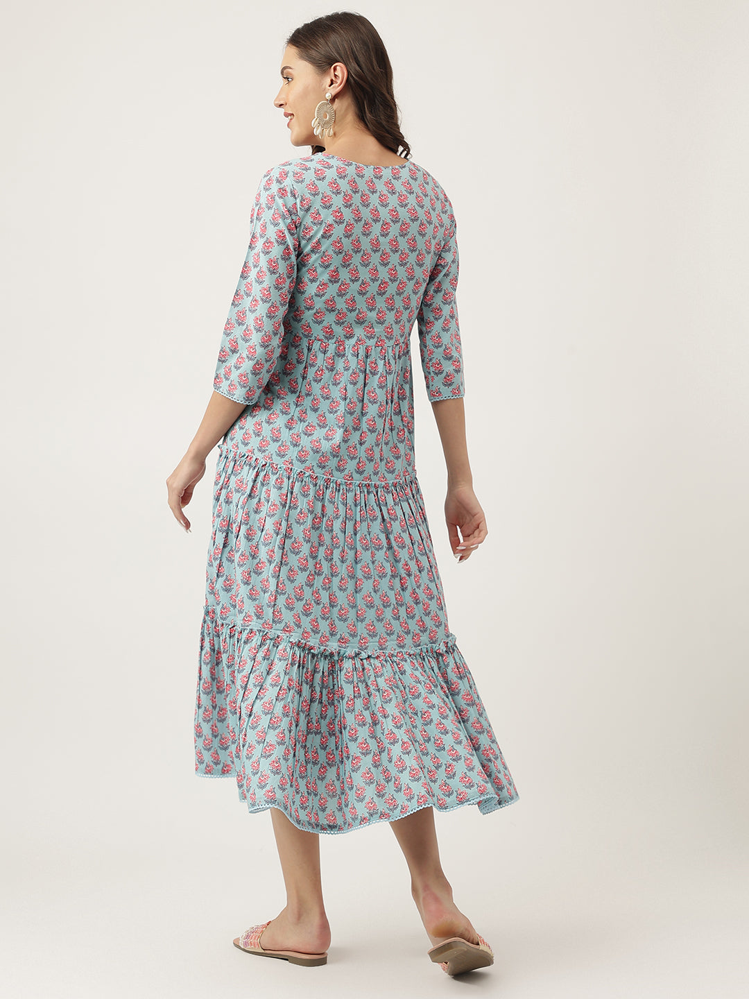 Party Wear Sky Blue Floral Printed Cotton Tiered Dress
