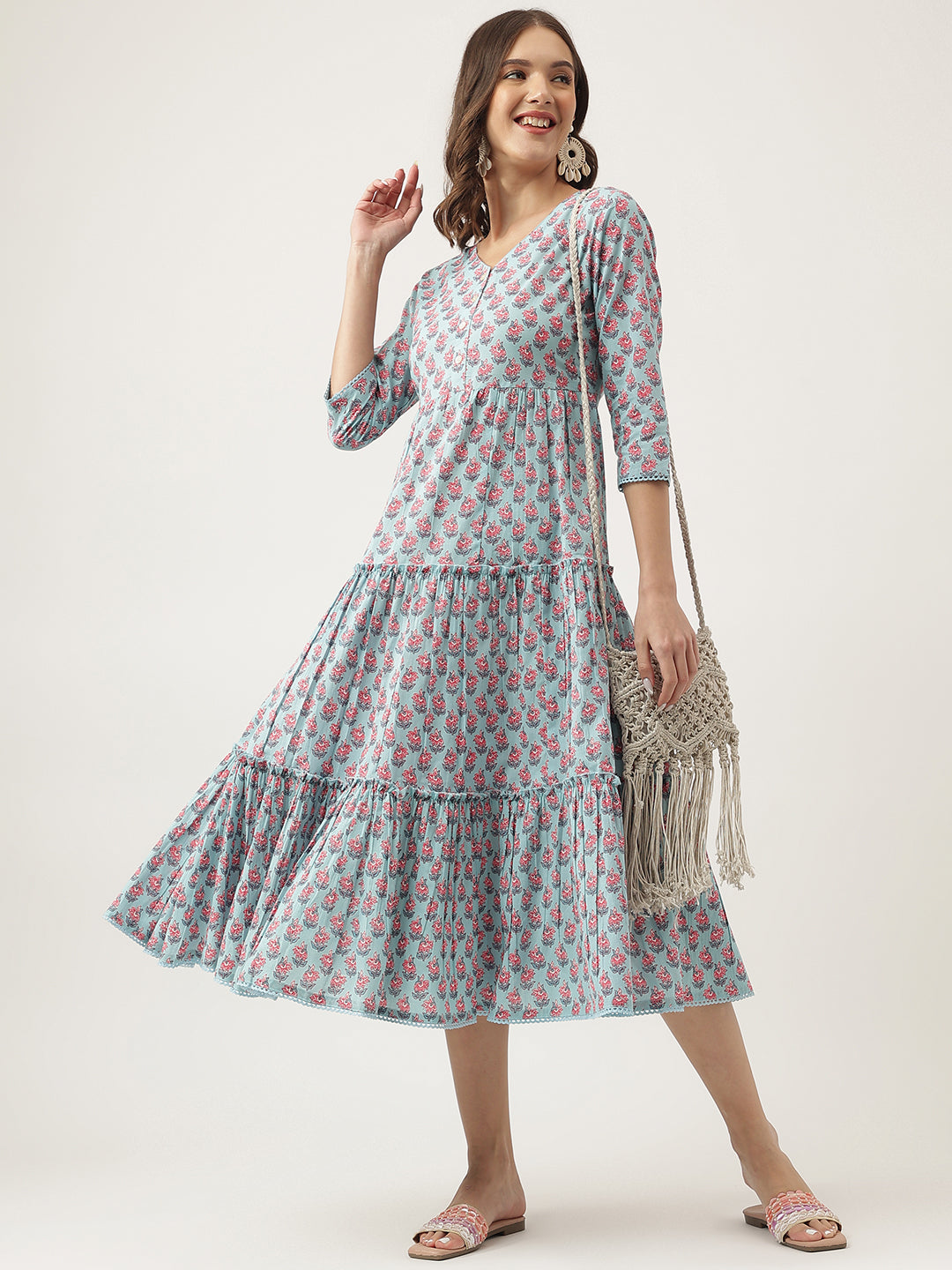 Party Wear Sky Blue Floral Printed Cotton Tiered Dress