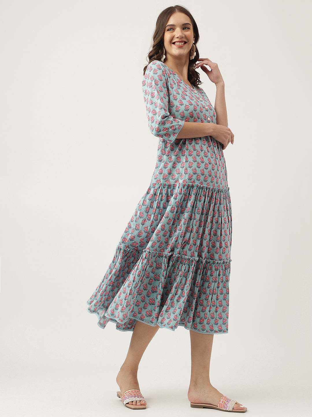 Party Wear Sky Blue Floral Printed Cotton Tiered Dress