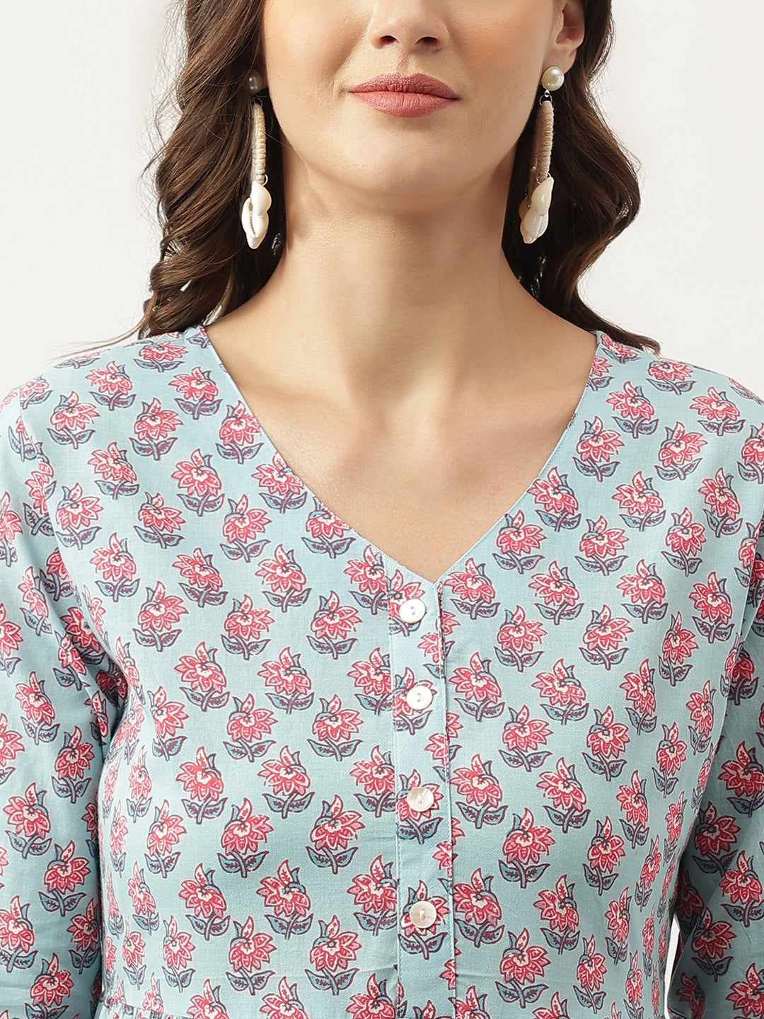 Party Wear Sky Blue Floral Printed Cotton Tiered Dress
