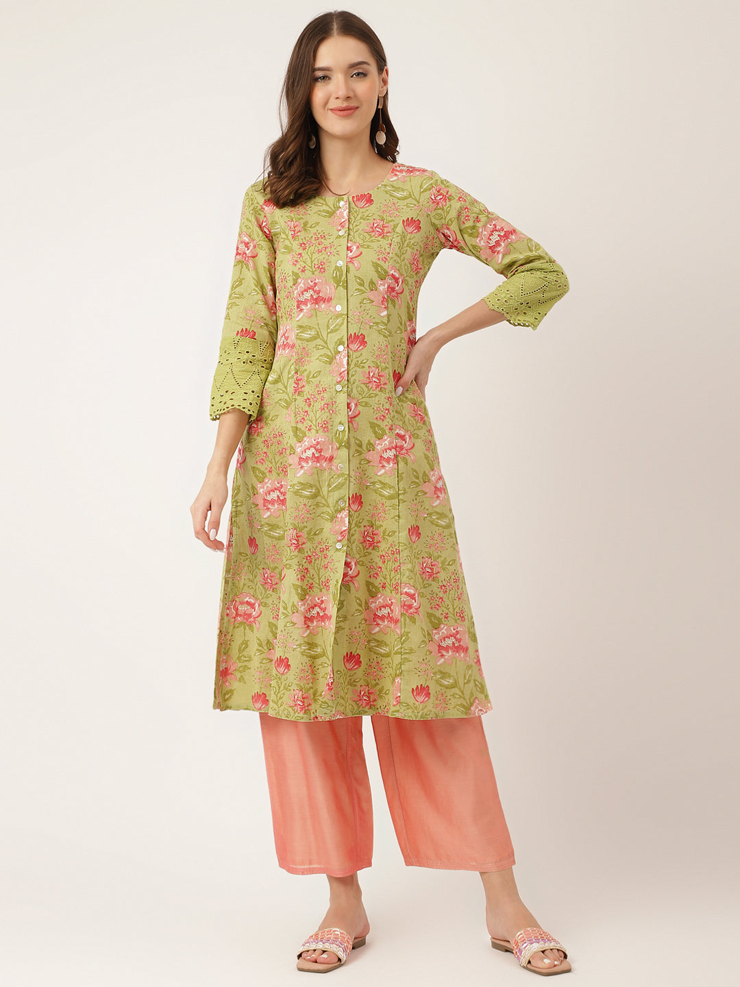Ethnic Green Floral Print Cotton A-Line Kurta