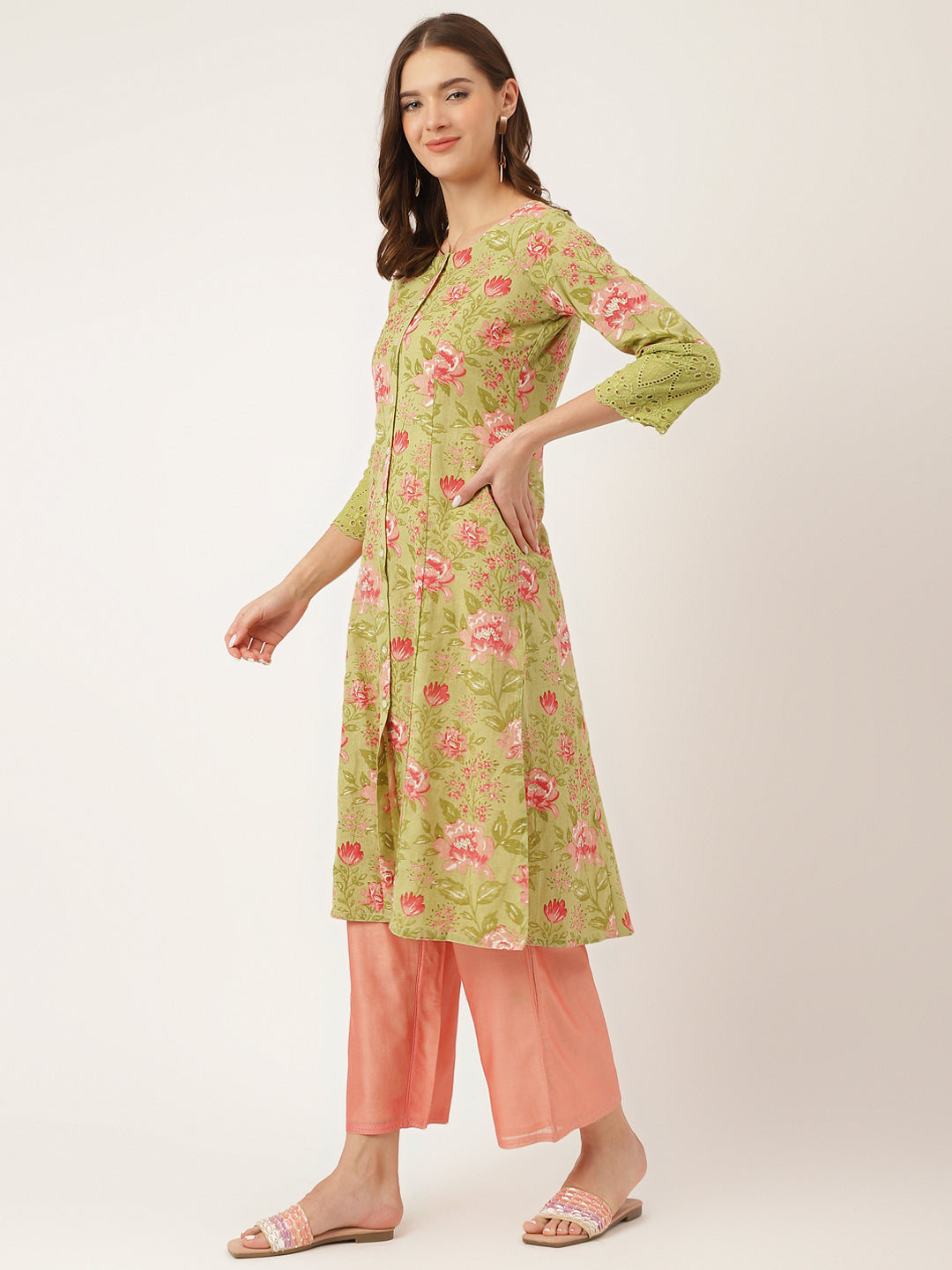 Ethnic Green Floral Print Cotton A-Line Kurta