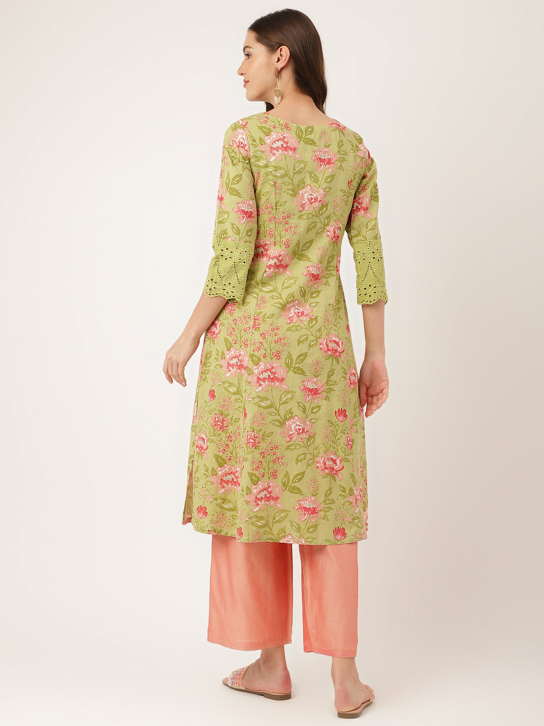 Ethnic Green Floral Print Cotton A-Line Kurta