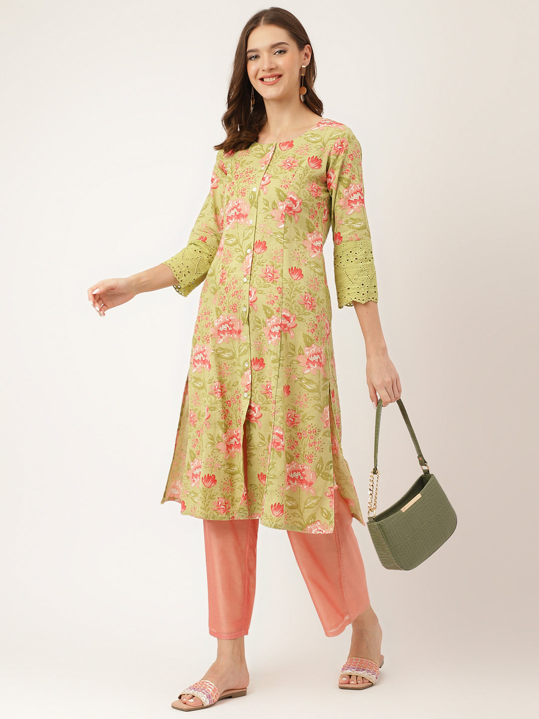Ethnic Green Floral Print Cotton A-Line Kurta