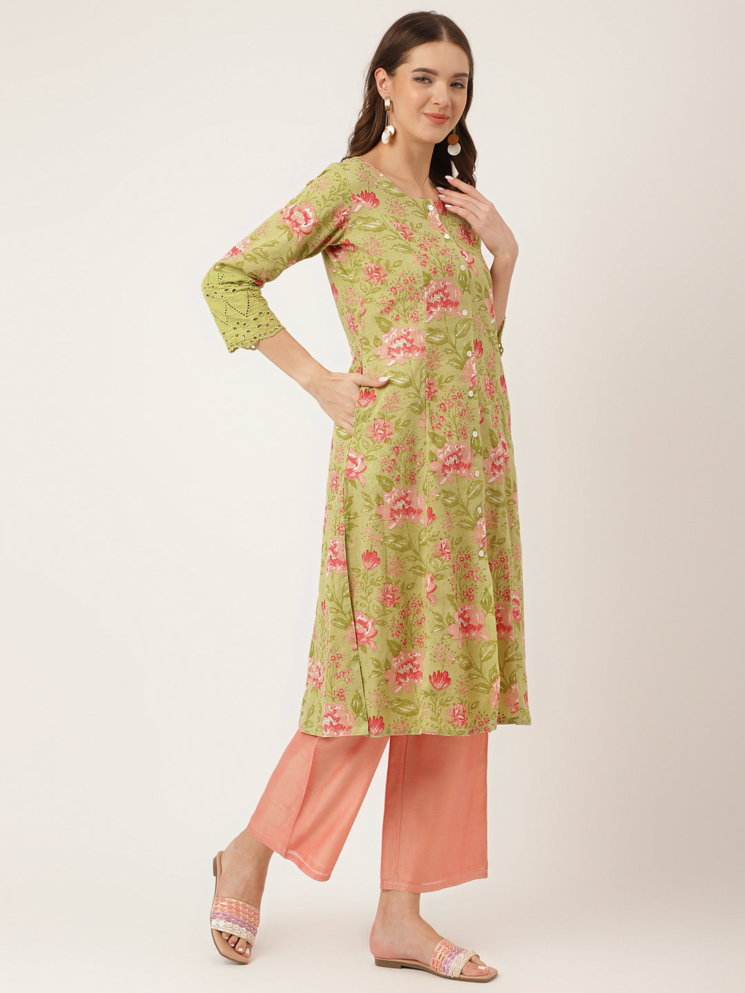 Ethnic Green Floral Print Cotton A-Line Kurta