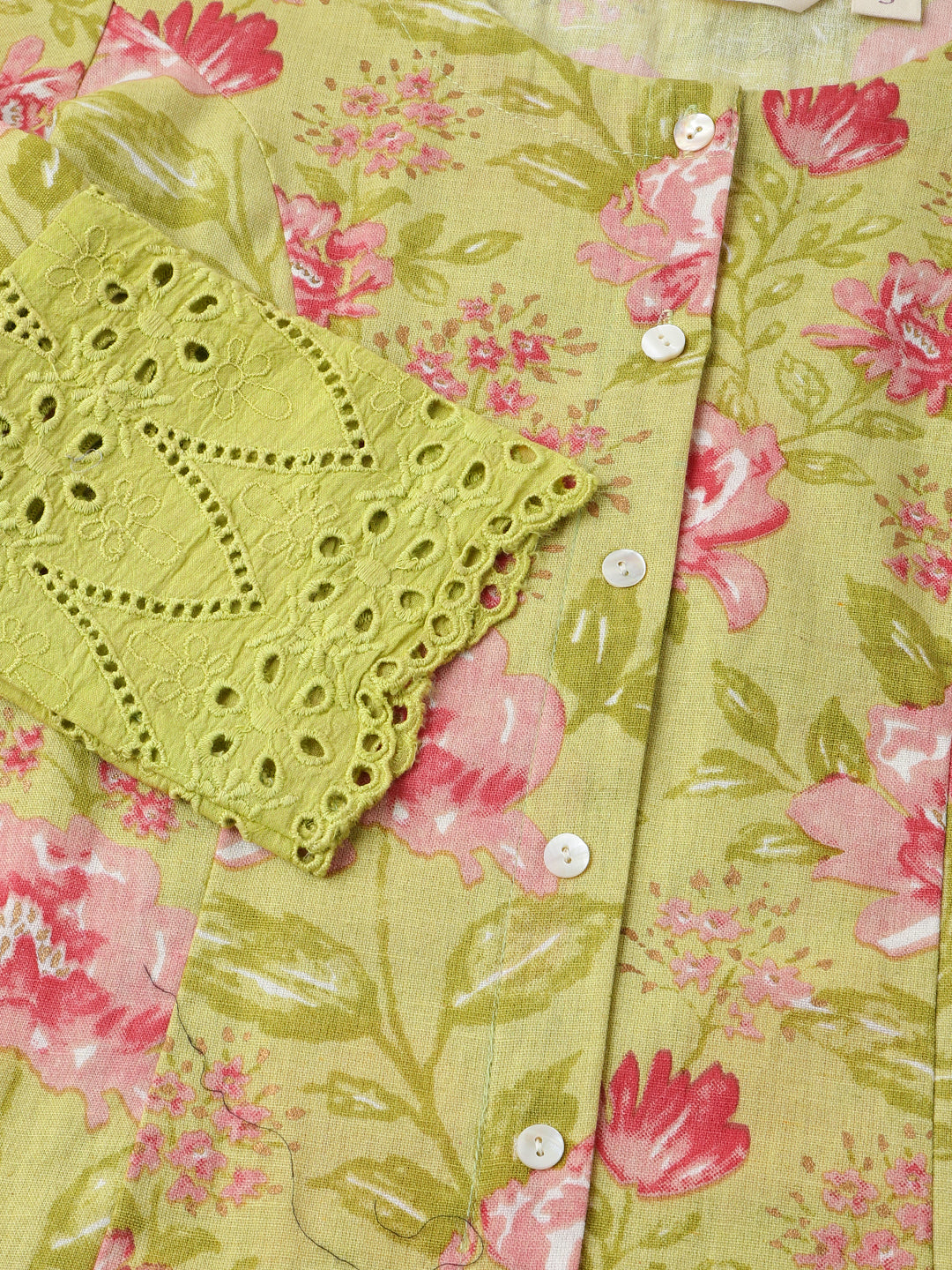 Ethnic Green Floral Print Cotton A-Line Kurta