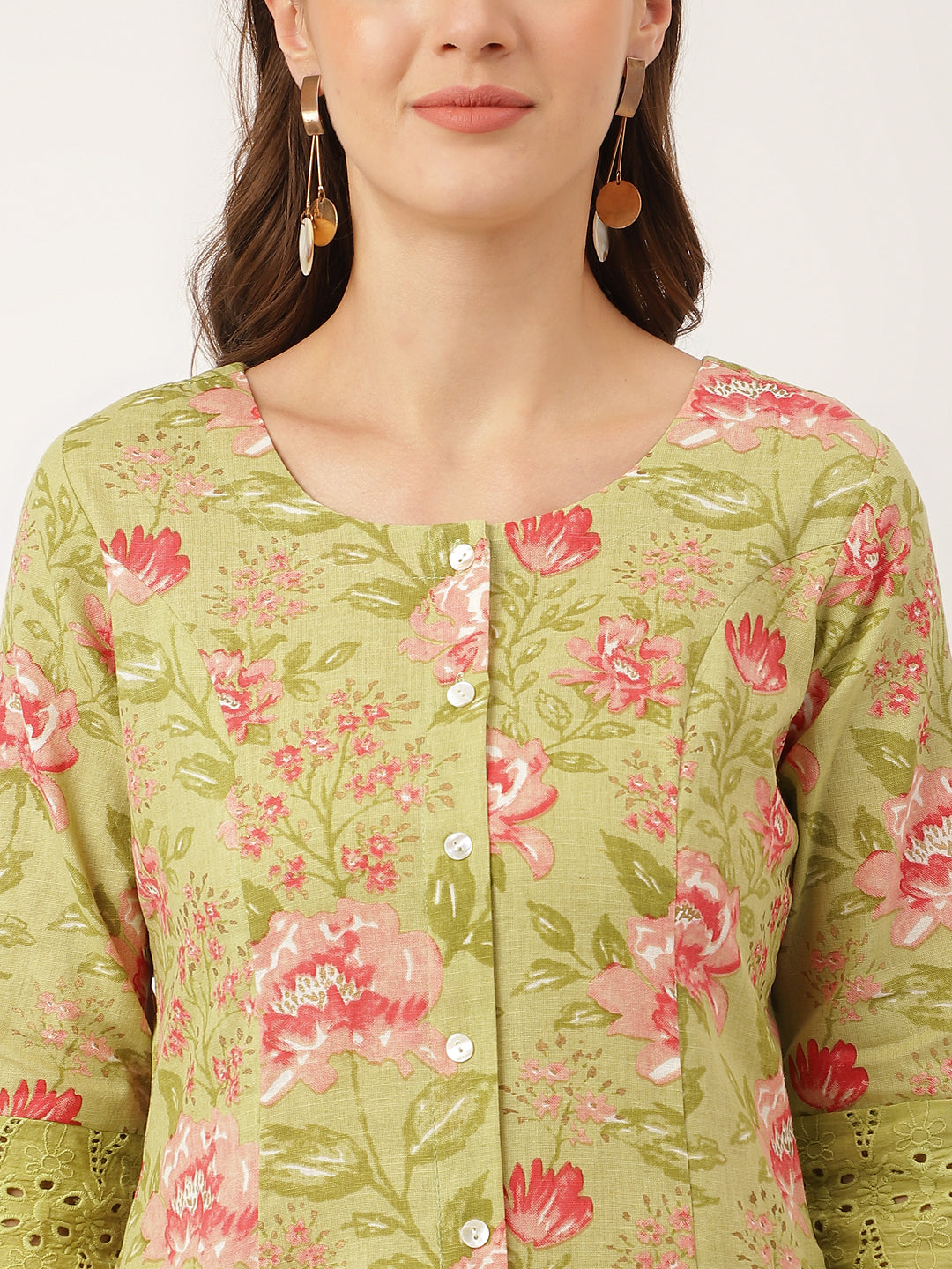 Ethnic Green Floral Print Cotton A-Line Kurta