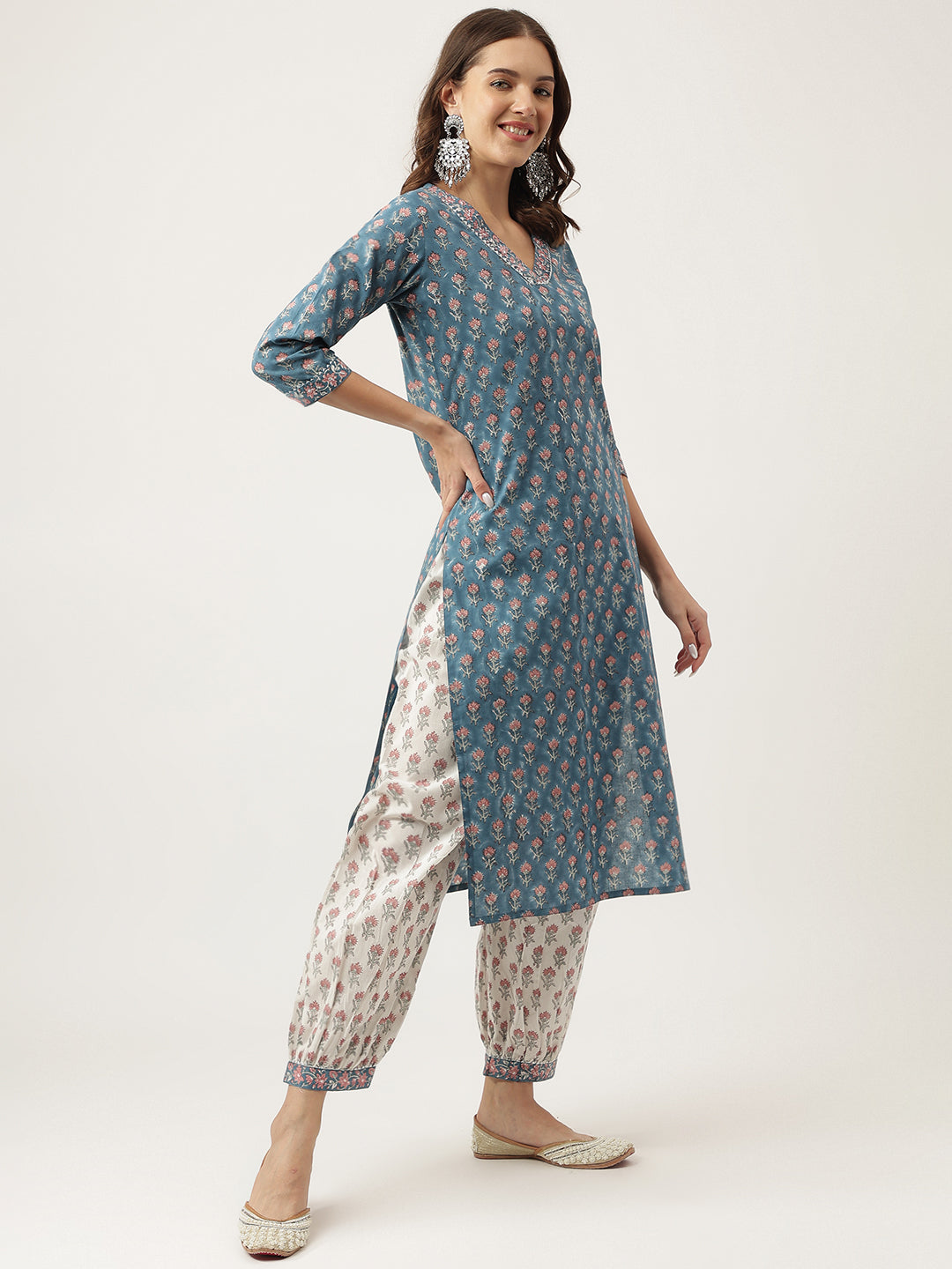 Blue Floral Printed Cotton Embroidered Kurta Set With Trouser & Dupatta For Women