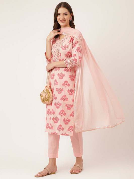 Divena Pink Floral Print Cotton  Kurta, Trouser & Dupatta