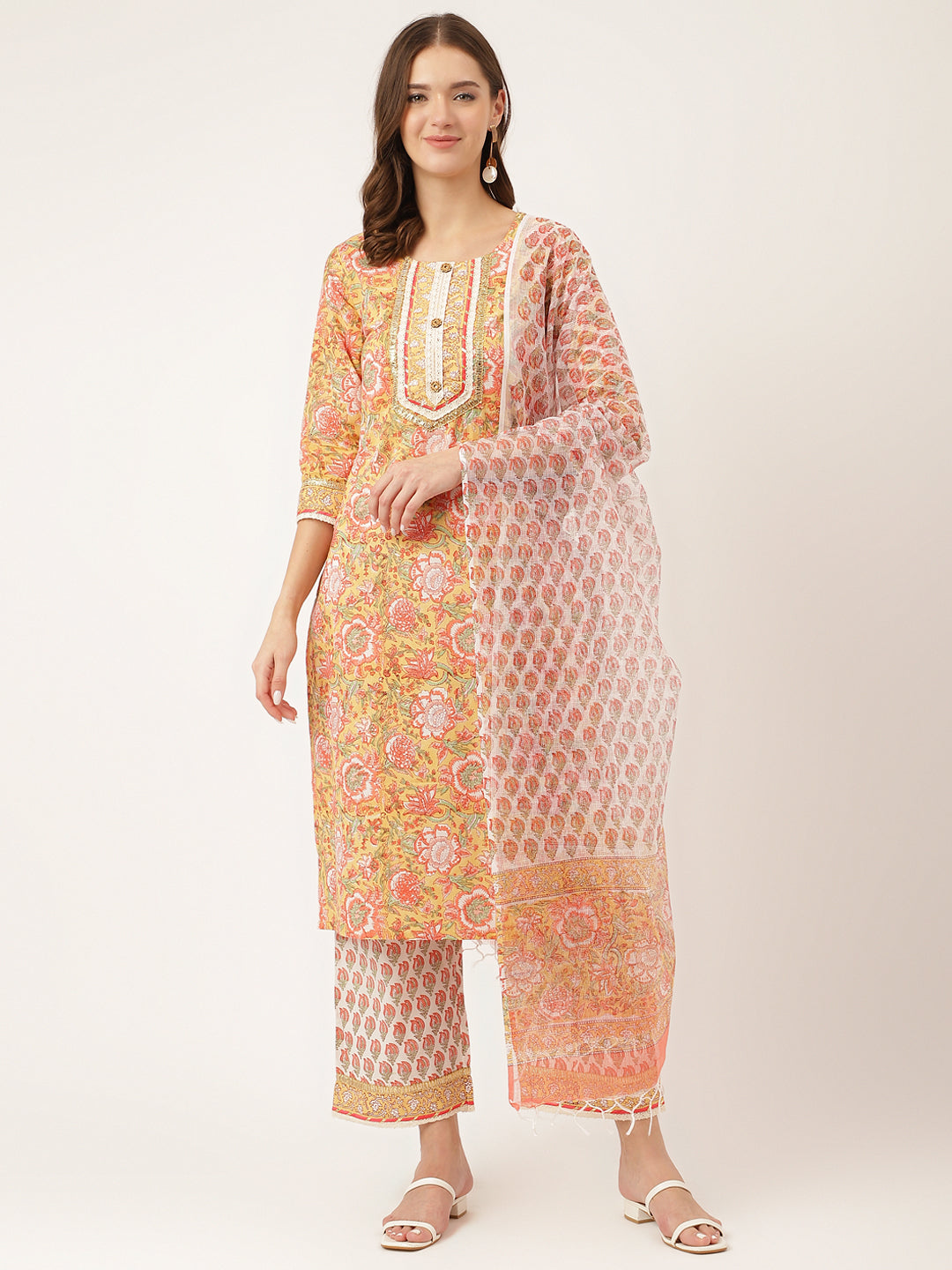 Yellow Ethnic Hand Block Floral Print Cotton Kurta, Trouser With Dupatta