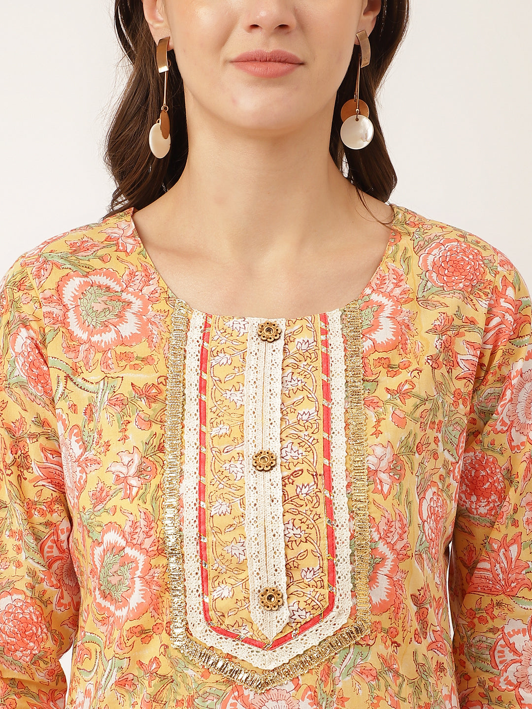 Yellow Ethnic Hand Block Floral Print Cotton Kurta, Trouser With Dupatta