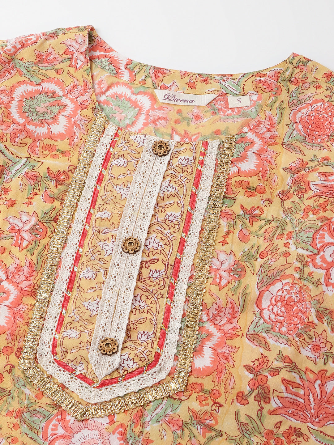 Yellow Ethnic Hand Block Floral Print Cotton Kurta, Trouser With Dupatta