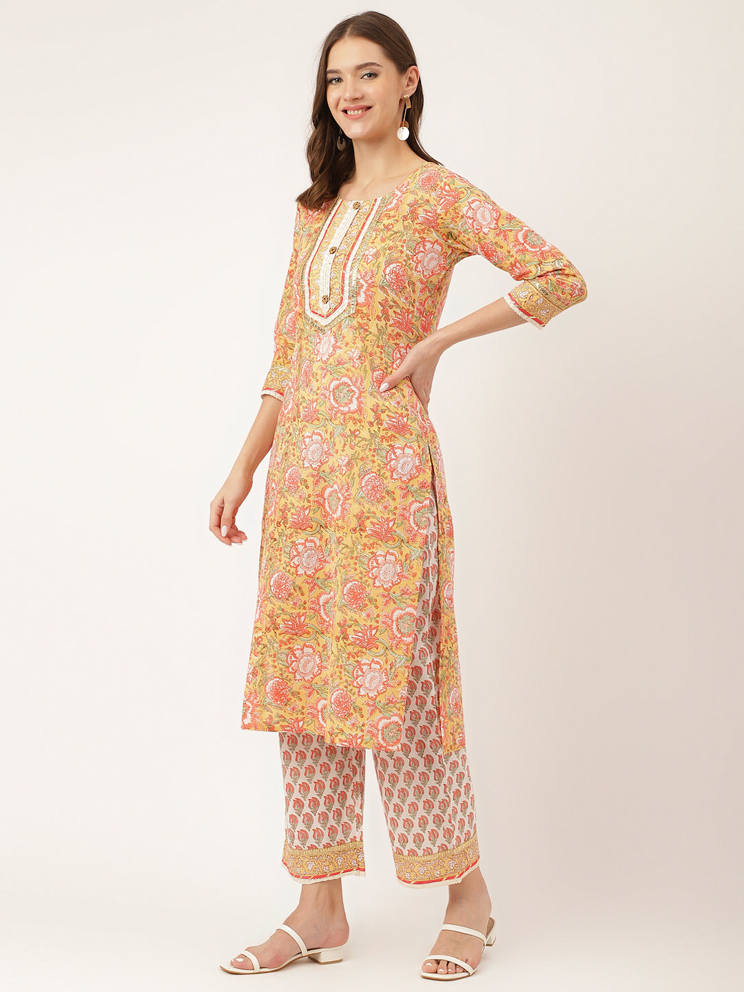 Yellow Ethnic Hand Block Floral Print Cotton Kurta, Trouser With Dupatta