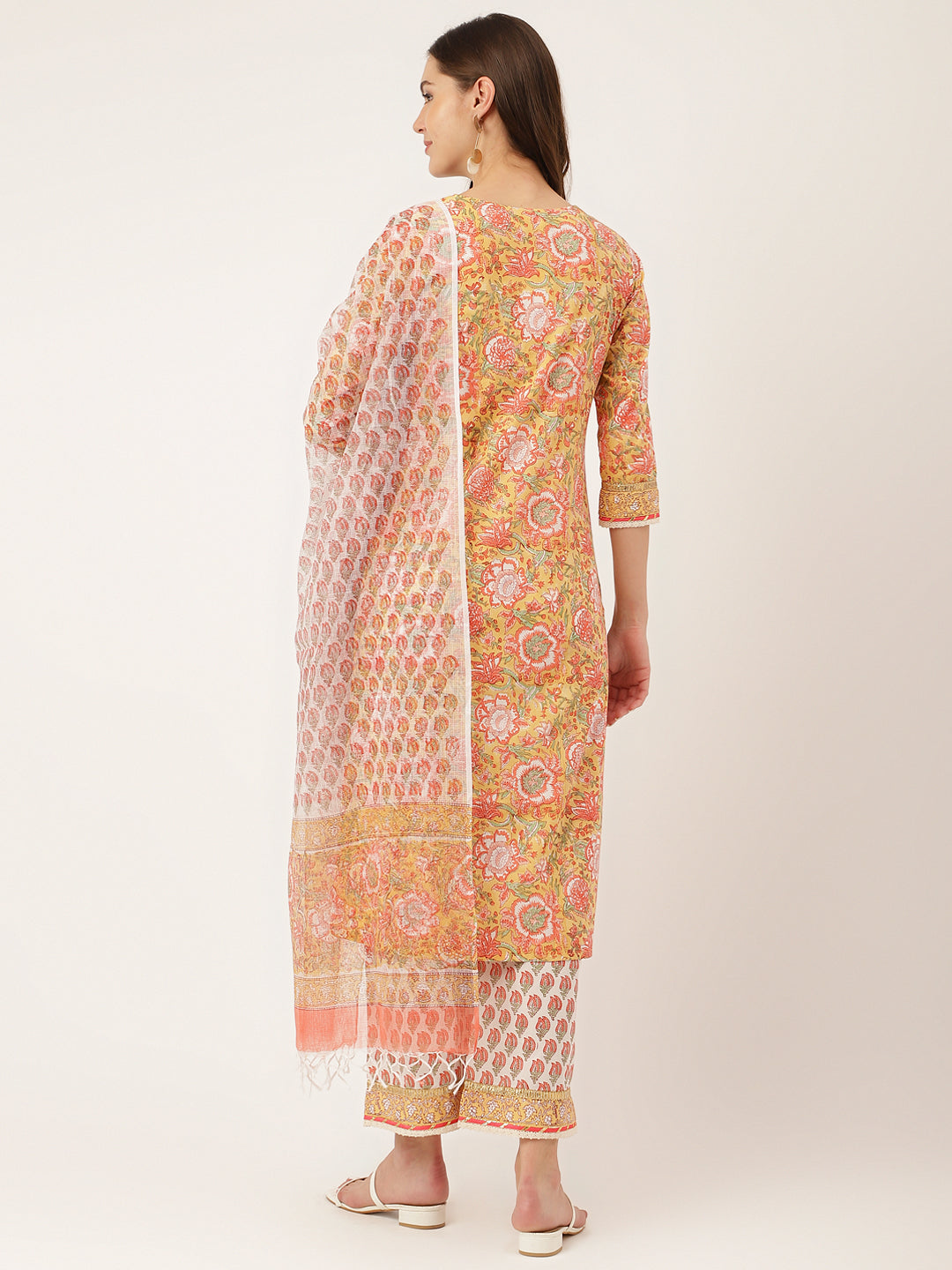 Yellow Ethnic Hand Block Floral Print Cotton Kurta, Trouser With Dupatta