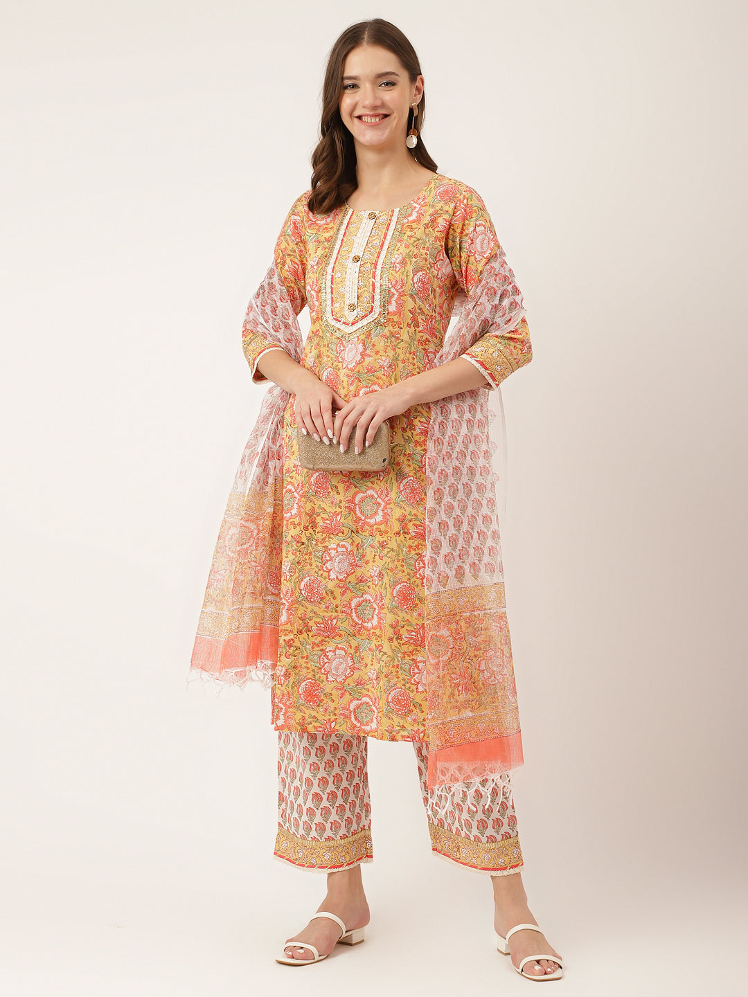 Yellow Ethnic Hand Block Floral Print Cotton Kurta, Trouser With Dupatta
