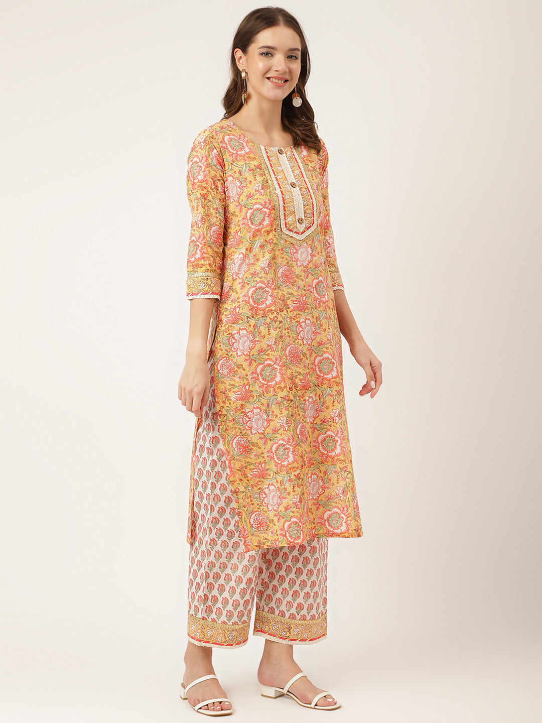 Yellow Ethnic Hand Block Floral Print Cotton Kurta, Trouser With Dupatta
