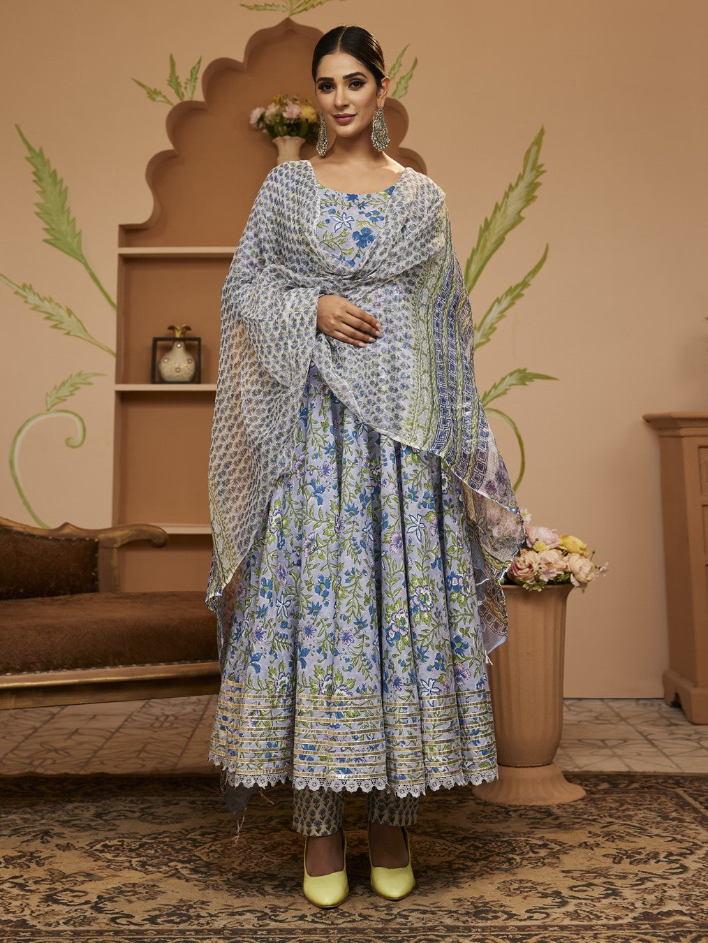Handblock Floral Printed Blue Anarkali Cotton Kurta Set, Trousers & Dupatta