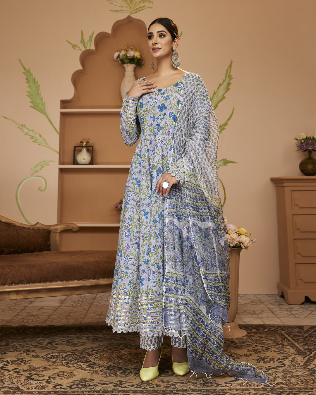 Handblock Floral Printed Blue Anarkali Cotton Kurta Set, Trousers & Dupatta