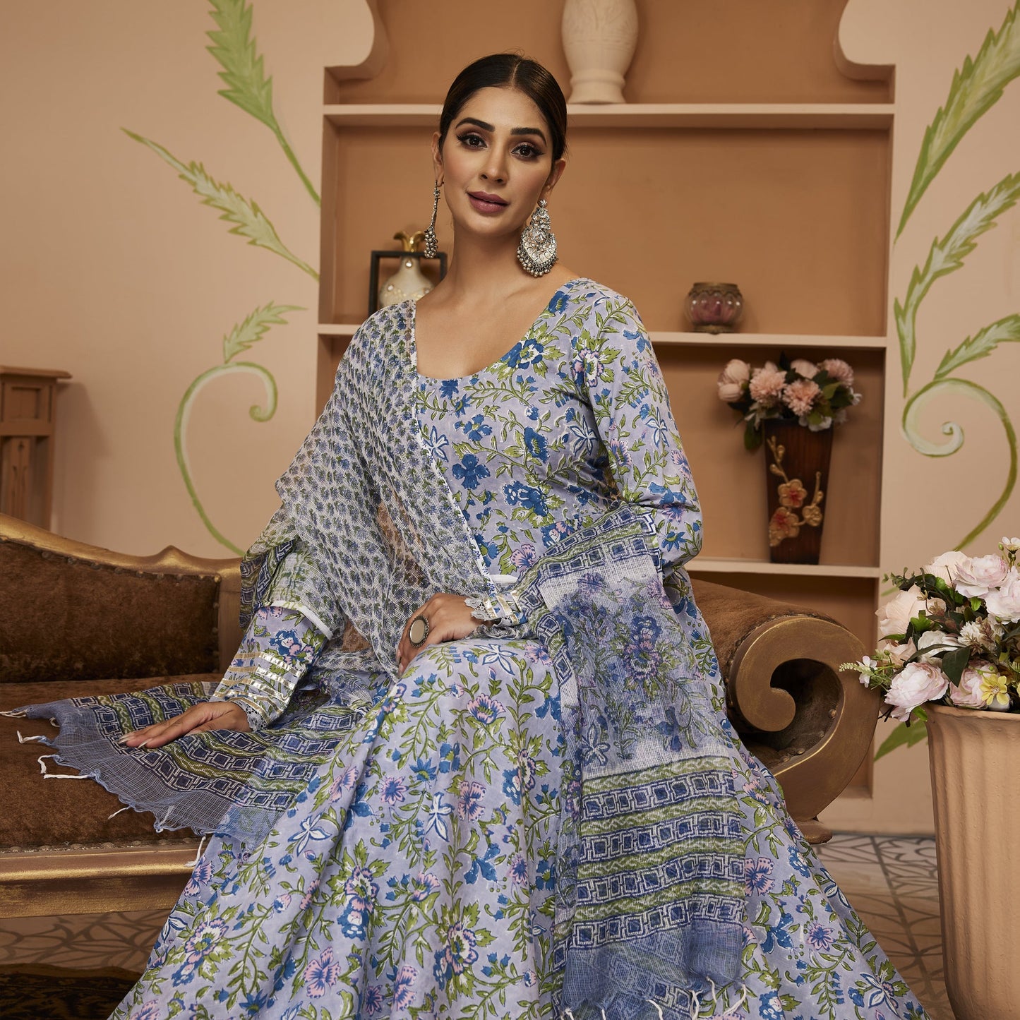 Handblock Floral Printed Blue Anarkali Cotton Kurta Set, Trousers & Dupatta