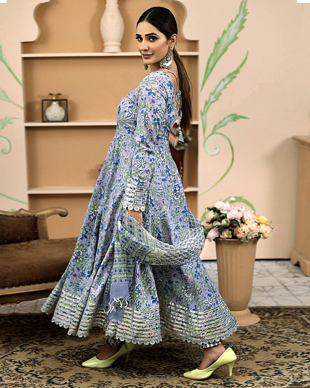 Handblock Floral Printed Blue Anarkali Cotton Kurta Set, Trousers & Dupatta