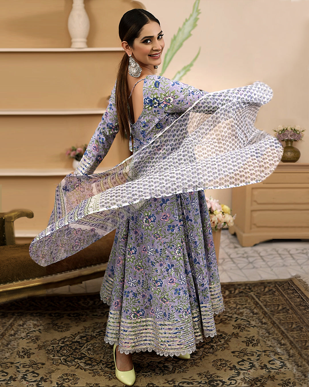 Handblock Floral Printed Blue Anarkali Cotton Kurta Set, Trousers & Dupatta