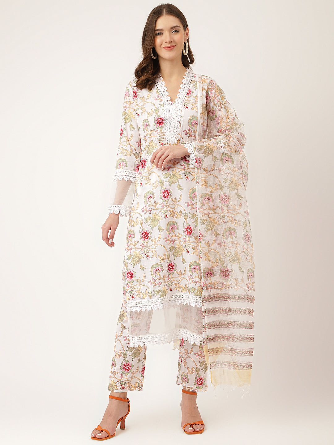 White Hand Block Floral Print Cotton Women Kurta, Trouser With Dupatta