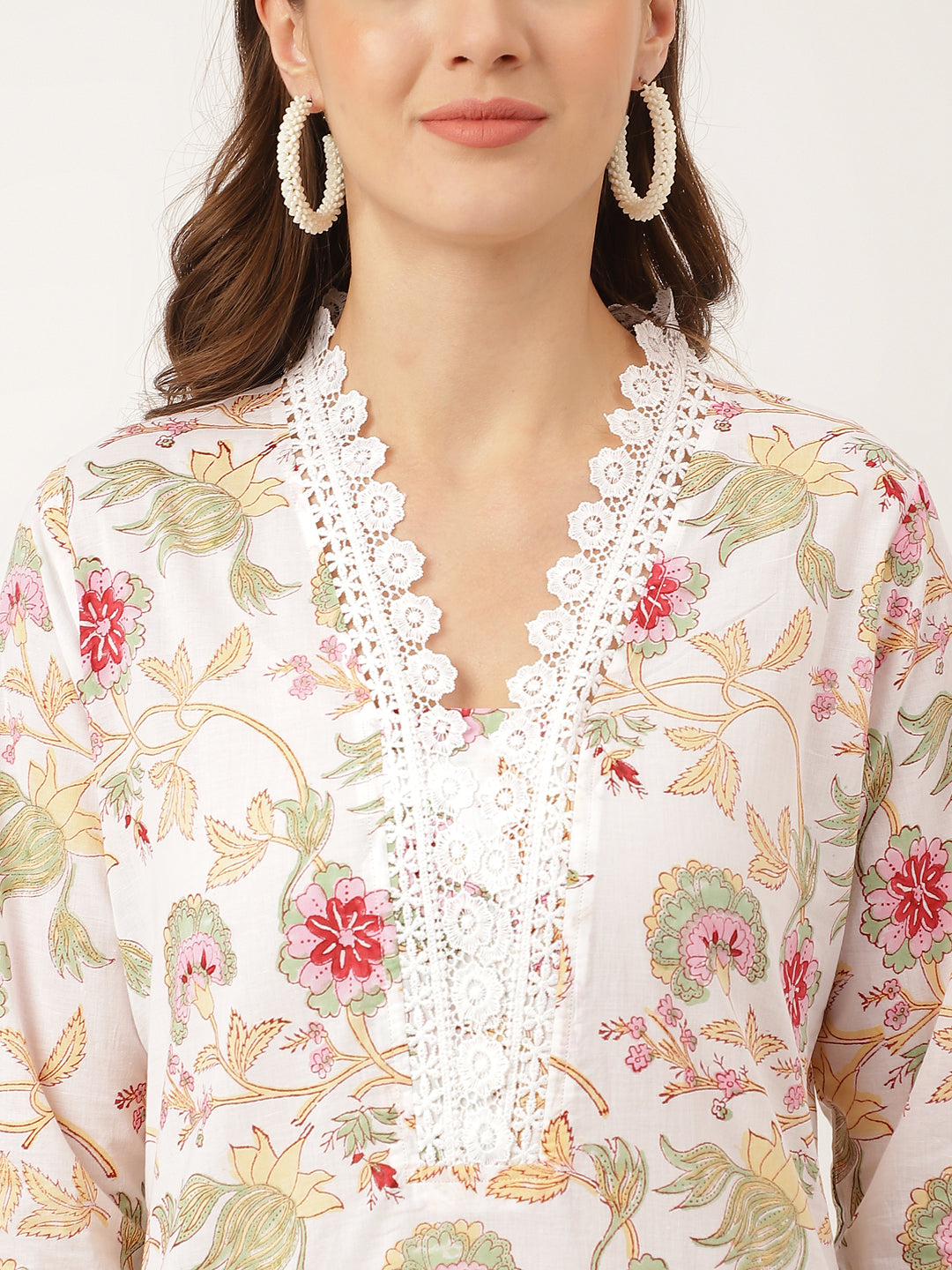 White Hand Block Floral Print Cotton Women Kurta, Trouser With Dupatta