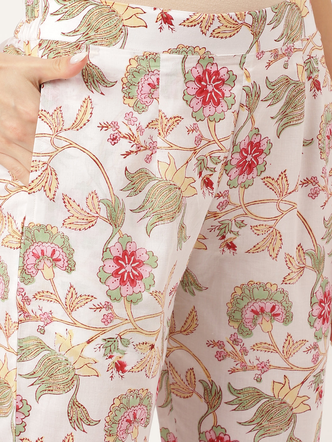 White Hand Block Floral Print Cotton Women Kurta, Trouser With Dupatta