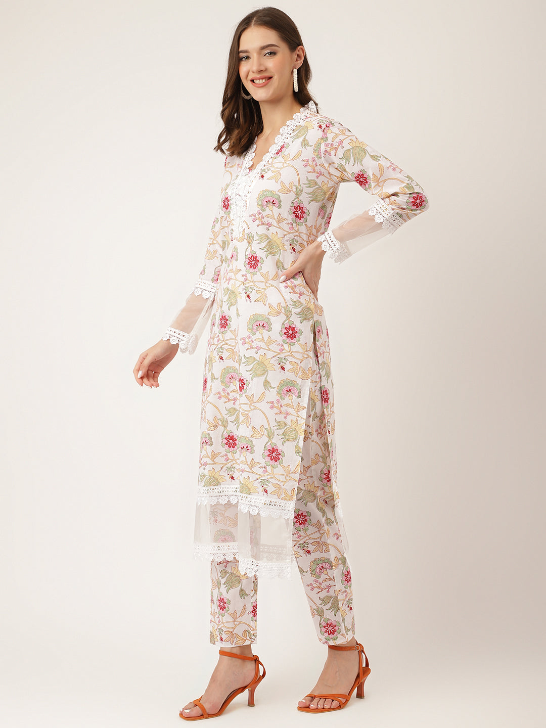 White Hand Block Floral Print Cotton Women Kurta, Trouser With Dupatta