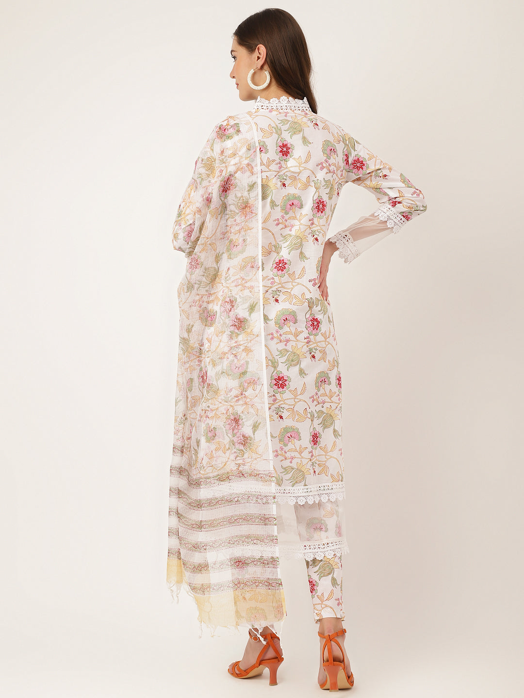 White Hand Block Floral Print Cotton Women Kurta, Trouser With Dupatta
