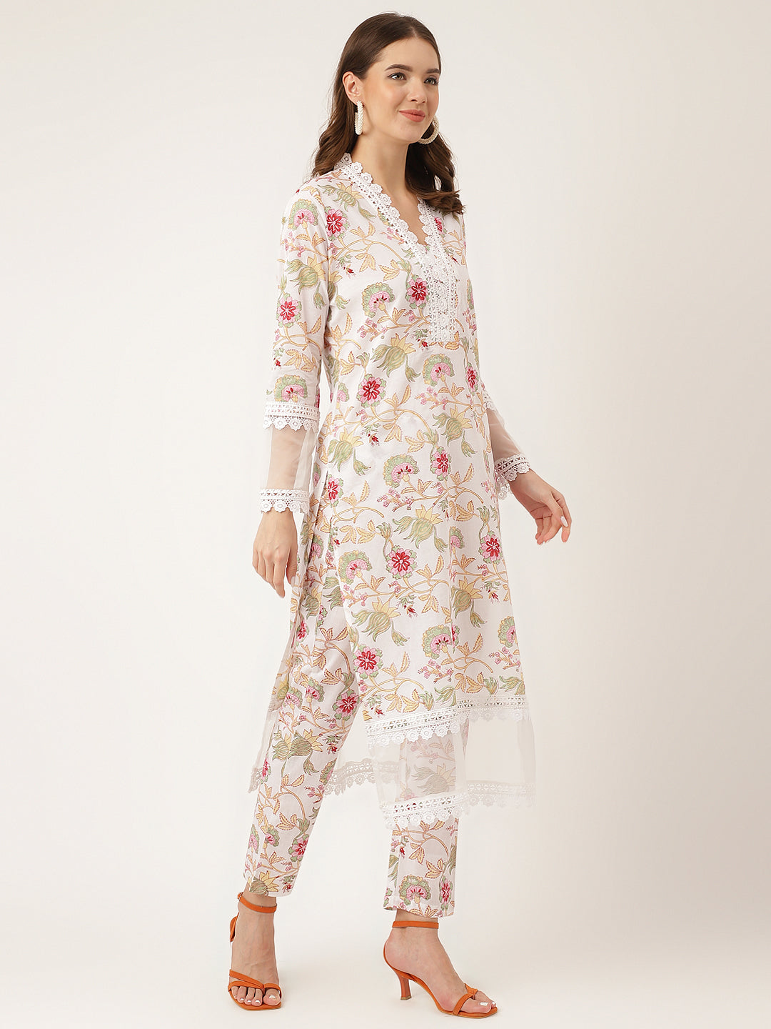 White Hand Block Floral Print Cotton Women Kurta, Trouser With Dupatta
