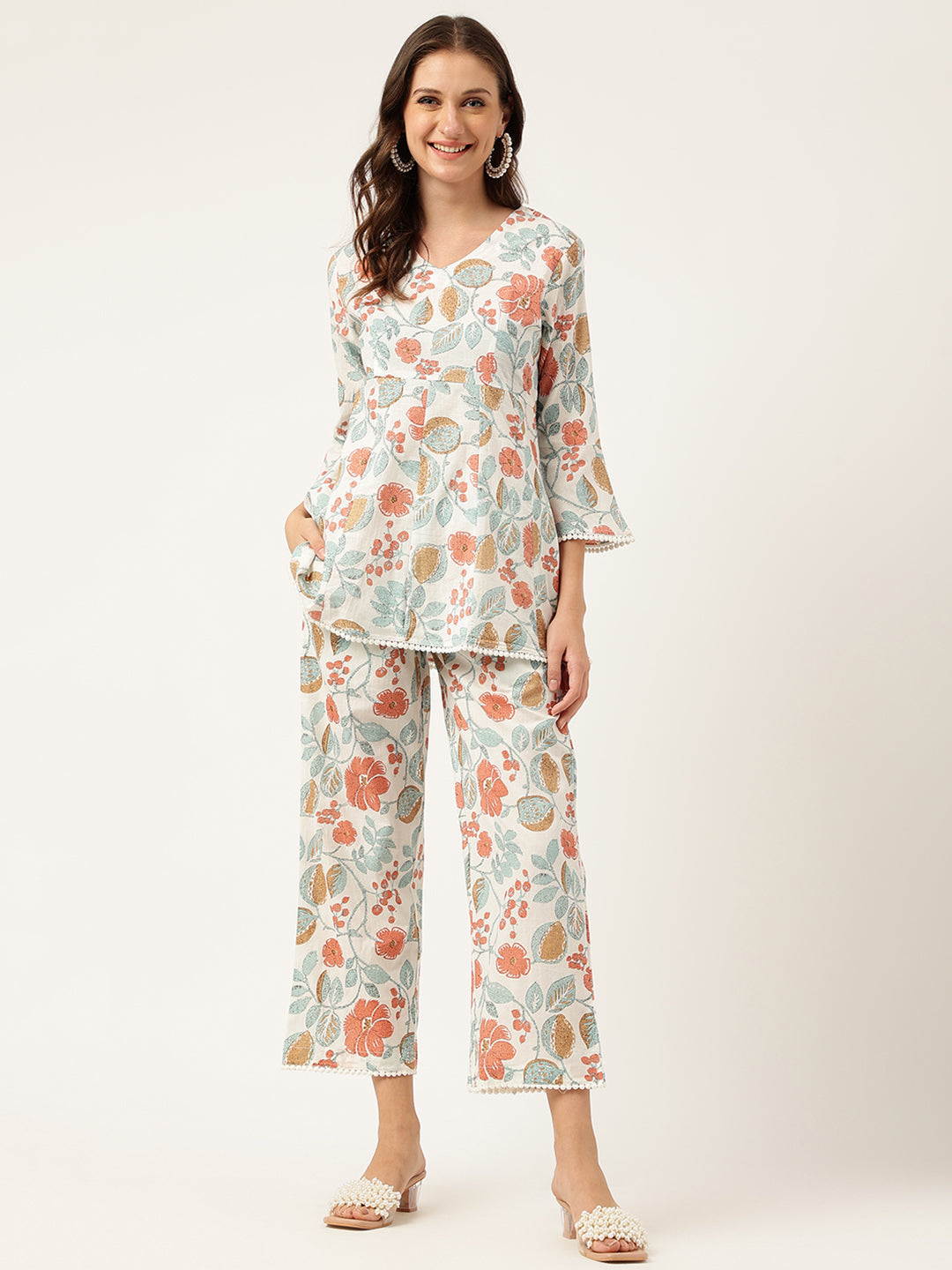 Women Floral Printed Pure Cotton Tunic With Trousers Co-ord Sets