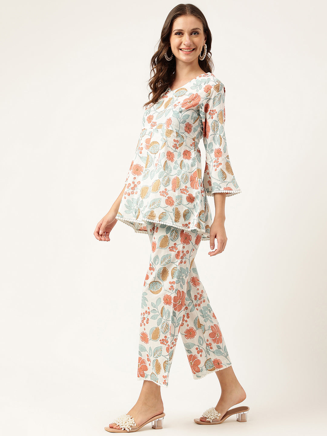 Women Floral Printed Pure Cotton Tunic With Trousers Co-ord Sets