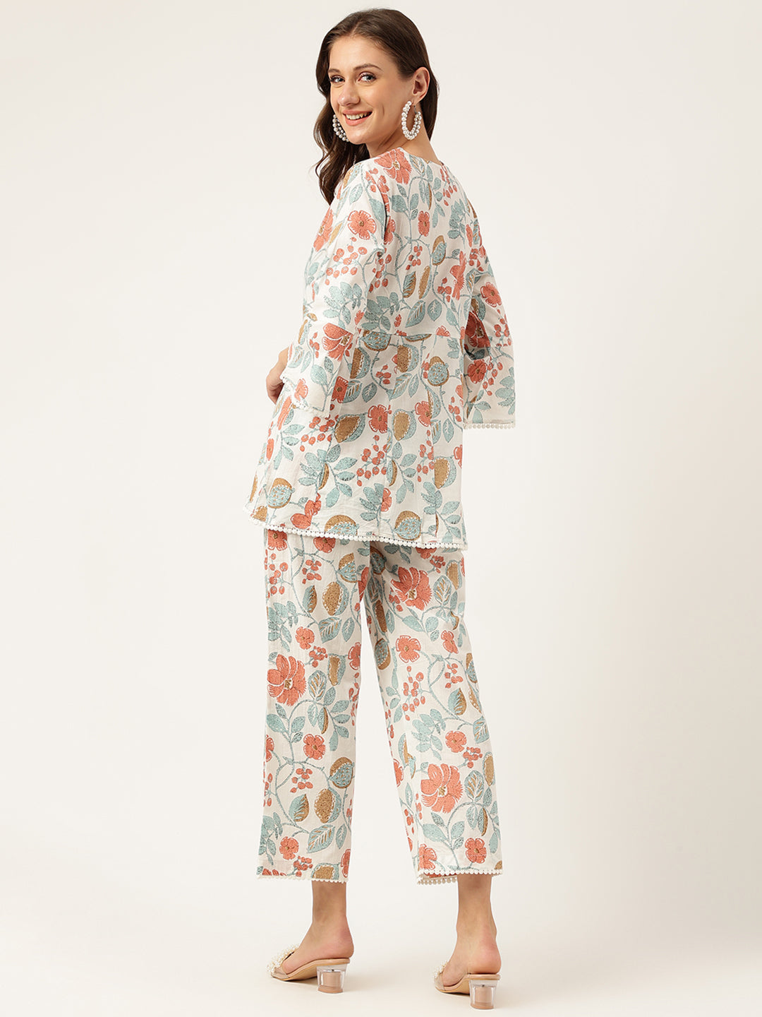 Women Floral Printed Pure Cotton Tunic With Trousers Co-ord Sets