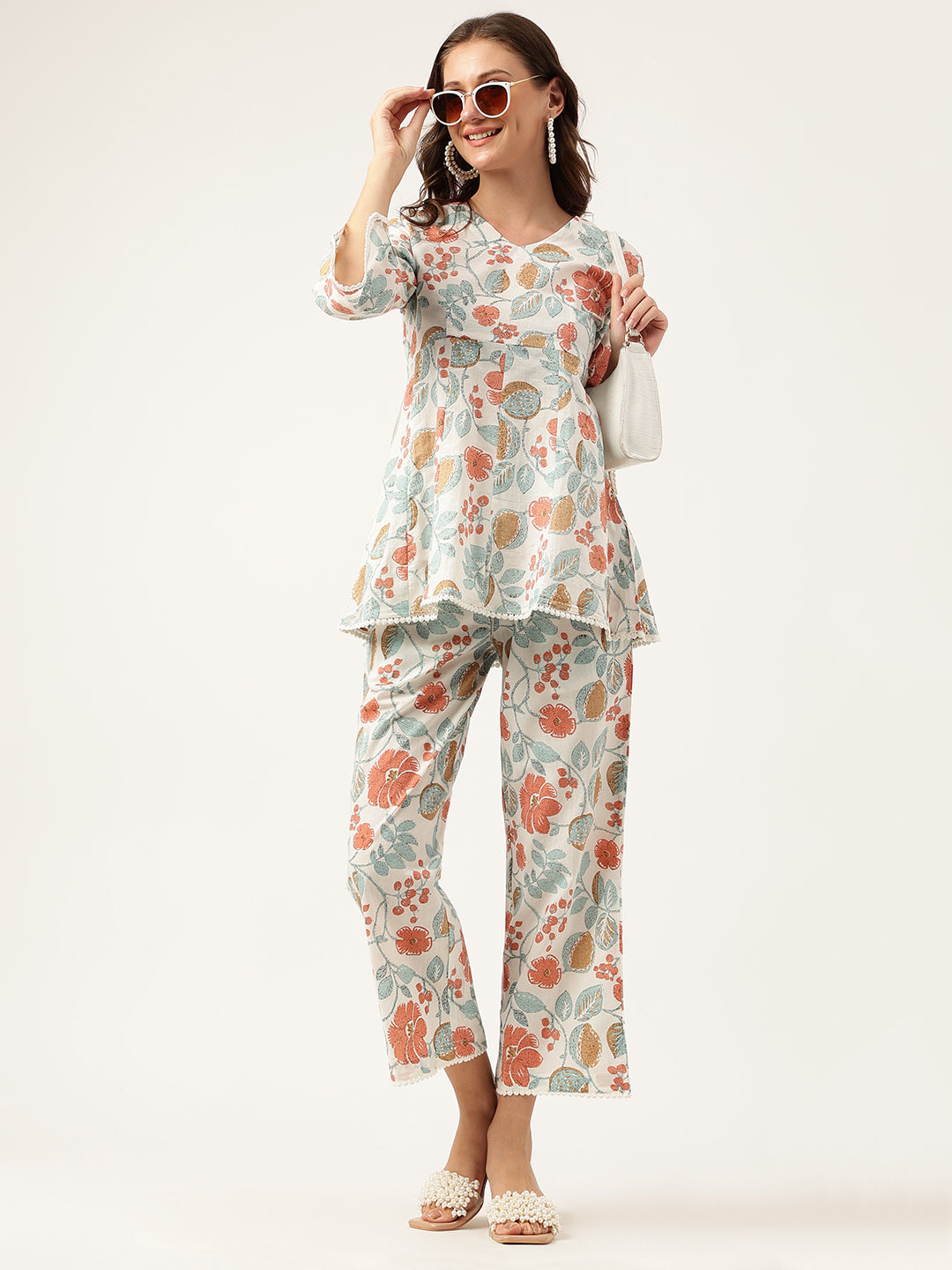 Women Floral Printed Pure Cotton Tunic With Trousers Co-ord Sets